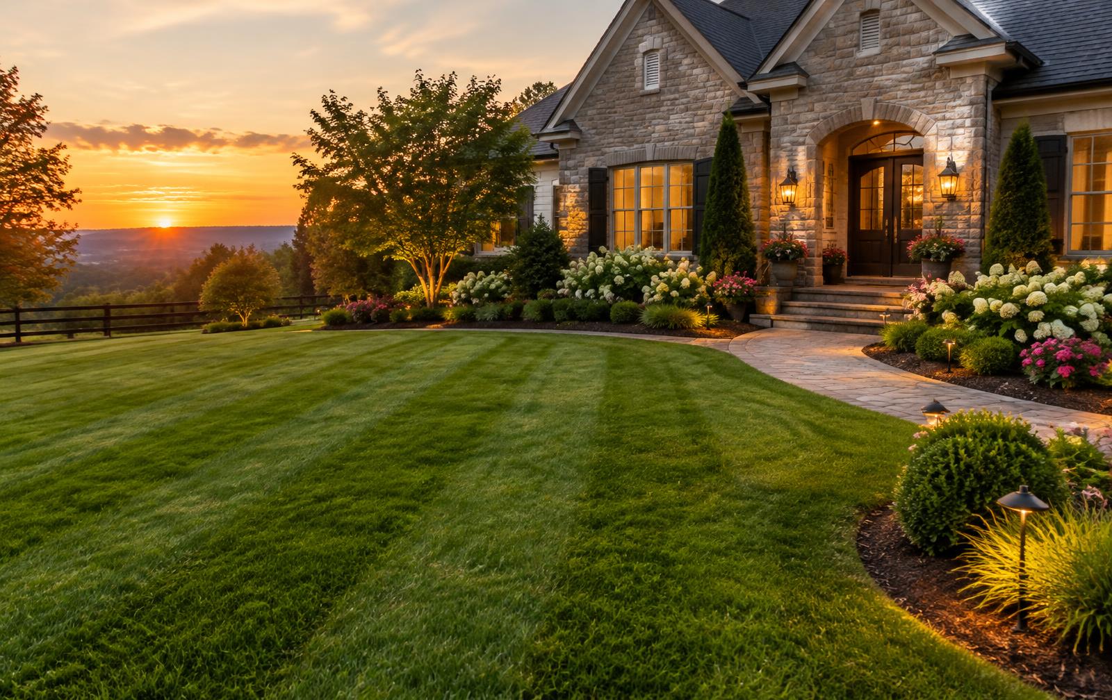 Striped lawn and landscaped home at sunset